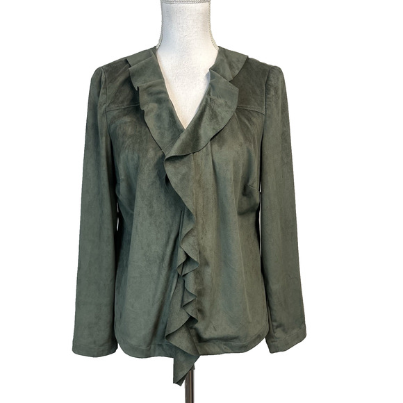 Chico's Jackets & Blazers - Chico's Waterfall Ruffle Open Front Blazer Jacket size 4 6/0 Olive Green Nubuck